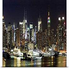 Load image into Gallery viewer, GREATBIGCANVAS Entitled Buildings in a City lit up at Night, Hudson River, Midtown Manhattan, Manhattan, New York City, New York State, Poster Print, 90&quot; x 36&quot;, Multicolor
