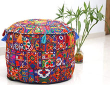 Load image into Gallery viewer, GANESHAM Indian Home Decor Hippie Patchwork Bean Bag Boho Bohemian Hand Embroidered Ethnic Handmade Pouf Ottoman Vintage Cotton Floor Pillow &amp; Cushion (13&quot; H x 18)&quot; Diam. (Navy Blue)

