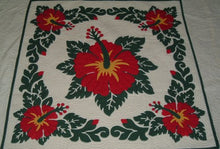Load image into Gallery viewer, Hawaiian Quilt Wall Hanging and Baby Blanket 100% Hand Quilted/Hand Appliqued 42x42 Multi Red Hibiscus
