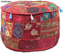 Load image into Gallery viewer, GANESHAM Indian Hippie Vintage Cotton Floor Pillow &amp; Cushion Patchwork Bean Bag Chair Cover Boho Bohemian Hand Embroidered Handmade Pouf Ottoman (Red, 13&quot; H x 18&quot; Diam.(inch))

