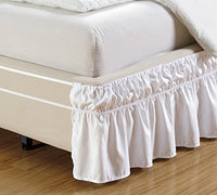 Easy Fit, Wrap Around WHITE Ruffled Elastic Solid Bed Skirt Fits both QUEEN, KING and CAL KING size bedding High Thread Count 14 inch fall Microfiber Dust Ruffle, Silky Soft & Wrinkle Free.