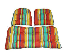 Load image into Gallery viewer, 3 Piece Wicker Cushion Set - Indoor / Outdoor Yellow, Green, Blue, Coral Bright Stripe Pattern Fabric Cushion for Wicker Loveseat Settee &amp; 2 Matching Chair Cushions
