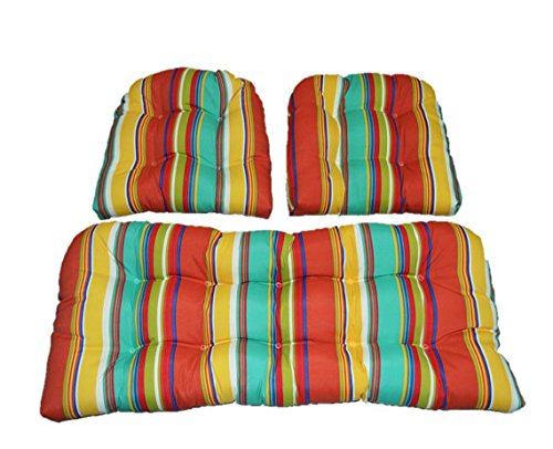 3 Piece Wicker Cushion Set - Indoor / Outdoor Yellow, Green, Blue, Coral Bright Stripe Pattern Fabric Cushion for Wicker Loveseat Settee & 2 Matching Chair Cushions