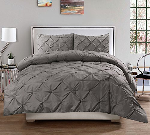3 Piece Luxurious Pinch Pleat Decorative Pintuck Comforter Set - HIGHEST QUALITY, WRINKLE RESISTANT, ALL SEASON - Full/Queen, Gray