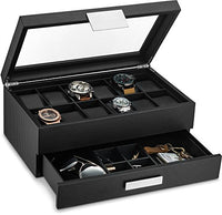Glenor Co Watch Box with Valet Drawer for Men - 12 Slot Luxury Watch Case Display Organizer, Carbon Fiber Design - Metal Buckle for Mens Jewelry Watches, Men's Storage Boxes Holder has Large Glass Top