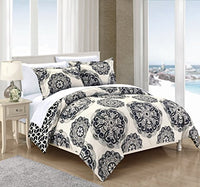 Chic Home DS4043-WT 3 Piece Ibiza Super Soft Microfiber Large Medallion Reversible with Geometric Printed Backing Full/Queen Duvet Cover Set Black