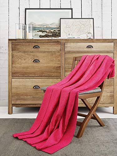 Pluchi Orchid Knit & Purl Knitted Throw Blanket Plaid, 100% Cotton, Textured Very Soft Handfeel, Ideal for Sofa, Couch, Armchair, Bed, Travel, Outdoor (130X170 cm, 51X67)