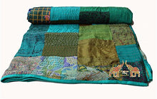 Load image into Gallery viewer, Mango Gifts Traditional Indian Silk Patola Quilt, Queen Size 88&quot; X 108&quot;inches, Kantha Stitch Gudri Bedspread and Bed Cover and Raill India
