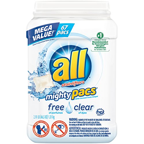 all Mighty Pacs Laundry Detergent, Free Clear for Sensitive Skin, Unscented, Tub, 67 Count