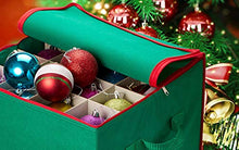 Load image into Gallery viewer, Christmas Ornament Storage - Stores up to 64 Holiday Ornaments, Adjustable Dividers, Zippered Closure with Two Handles. Attractive Storage Box Keeps Holiday Decorations Clean and Dry for Next Season.
