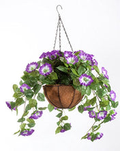Load image into Gallery viewer, OakRidge Miles Kimball Fully Assembled Artificial Petunia Flower Hanging Basket, 10 Diameter and 18 Chain  Polyester/Plastic Flowers in Metal and Coco Fiber Liner Basket for Indoor/Outdoor Use
