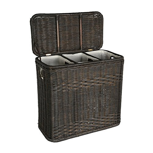 The Basket Lady 3-Compartment Wicker Laundry Sorter Hamper, 30 in L x 15 in W x 28 in H, Antique Walnut Brown