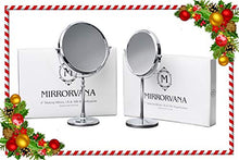 Load image into Gallery viewer, Mirrorvana Large 8-Inch Magnifying Makeup Mirror ~ Double Sided Strong 10X and 1X Magnification ~ 15-Inch Height, Chrome Finish
