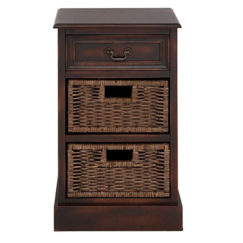 Urban Designs Imported 3-Drawer Wooden Storage Chest Night Stand with Wicker Baskets, Brown