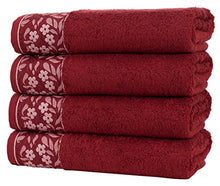 Load image into Gallery viewer, Decorative Bath Towels Set, 4 Pack - Turkish Towel Set with Floral Pattern, Highly Absorbent &amp; Fade Resistant Fabric, 100% Cotton - Claret Red
