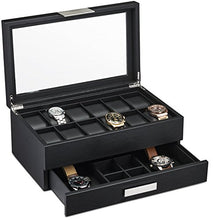 Load image into Gallery viewer, Glenor Co Watch Box with Valet Drawer for Men - 12 Slot Luxury Watch Case Display Organizer, Carbon Fiber Design - Metal Buckle for Mens Jewelry Watches, Men&#39;s Storage Boxes Holder has Large Glass Top
