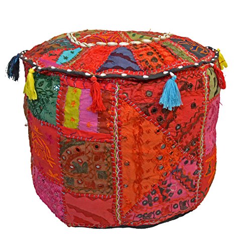 GANESHAM Handicraft - Antique Home Decorative Ottoman Handmade Pouf,Indian Comfortable Floor Cotton Cushion Ottoman Cover Embellished with Patchwork and Embroidery Work,Indian Vintage Ottoman