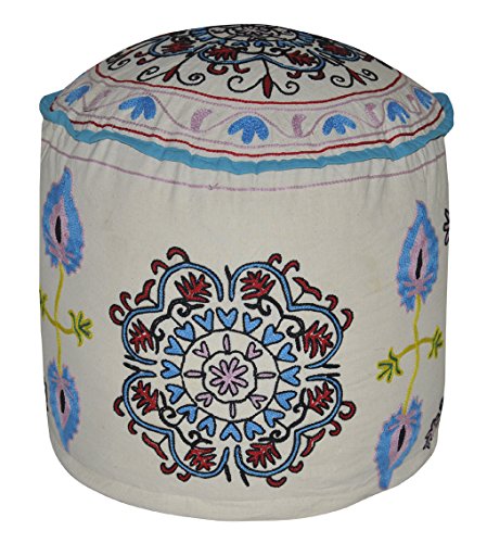 Lalhaveli Home Decorative Suzani Embroidery Design Foot Rest Round Ottoman Cover 18 X 18 X 14 Inches