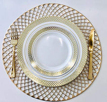 Load image into Gallery viewer, &quot; OCCASIONS&quot; 120 Plates Pack, Heavyweight Premium Disposable Plastic Plates Set 60 x 10.5&#39;&#39; Dinner + 60 x 6.25&#39;&#39; Dessert/Cake Plates (Celebration White &amp; Gold)
