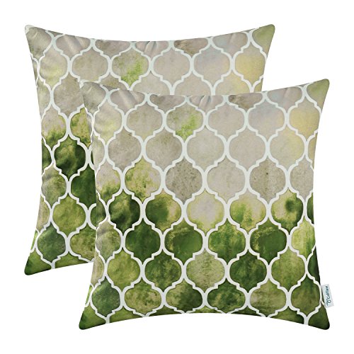 CaliTime Pack of 2 Cozy Throw Pillow Cases Covers for Couch Bed Sofa Farmhouse Manual Hand Painted Colorful Geometric Trellis Chain Print 18 X 18 Inches Main Grey Green Olive