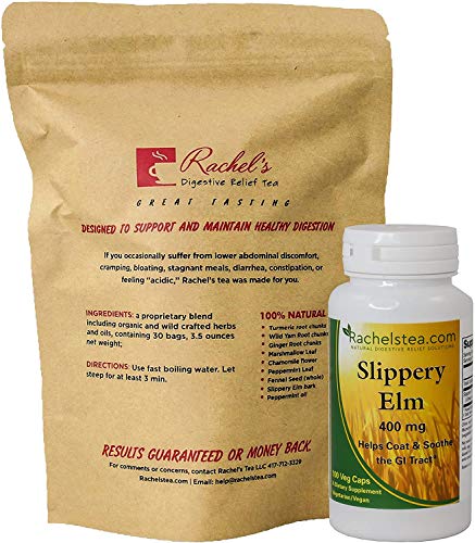 (30 Bags/60 Cups) Upset Stomach Specialty Tea Bags Plus Rachel's Tea Slippery Elm Bark, 400 mg, 100 Capsules