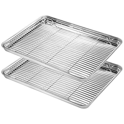 Baking Sheet with Cooling Rack Set (2 Pans + 2 Racks), Yododo Stainless Steel Baking Pan Cookie Sheet Cookie Pan with Rack, Size 16 x 12 x 1 Inch, Mirror Finish & Non Toxic & Heavy Duty & Easy Clean