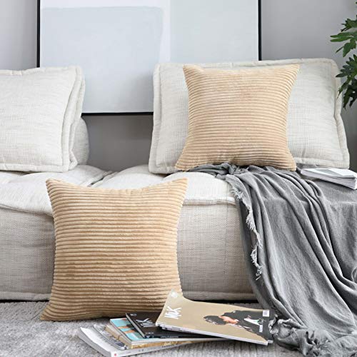 Home Brilliant Decor Throw Pillow Cover Decorative Soft Velvet Corduroy Striped Square Cushion Cover for Bench, Set of 2, 18 x 18 inch (45cm), Taupe