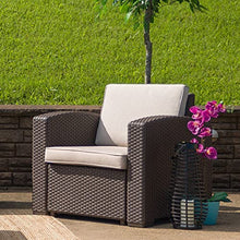 Load image into Gallery viewer, Flash Furniture Chocolate Brown Faux Rattan Chair with All-Weather Beige Cushion
