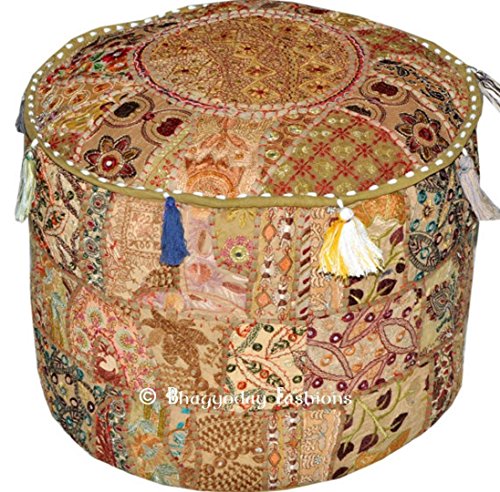 NANDNANDINI- Indian Vintage Ottoman Pouf Cover ,Patchwork Ottoman, Living Room Patchwork Foot Stool Cover,Decorative Handmade Home Chair Cover