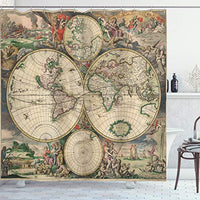 Ambesonne World Map Shower Curtain, Antique Design with Renaissance Continents and Hemispheres Vintage Art, Cloth Fabric Bathroom Decor Set with Hooks, 69