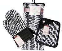 Mabelle Black Zigzag Design Kitchen Linen 3 Piece Gift Set Pocket Potholder, Oven Mitt, Kitchen Towel 100% Cotton