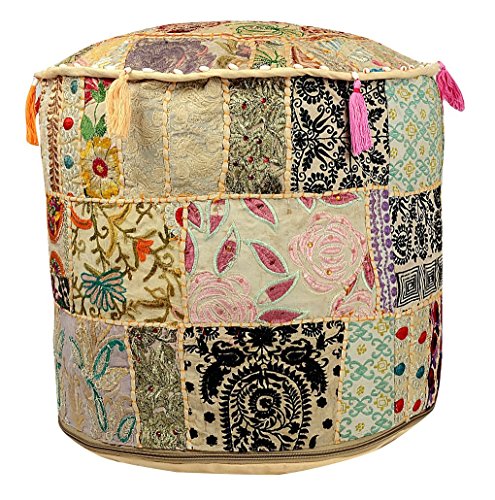 Maniona Crafts Indian Vintage Ottoman Pouf Cover ,Patchwork Ottoman, Living Room Patchwork Foot Stool Cover,Decorative Handmade Home Chair Cover 14x22x22 Inch