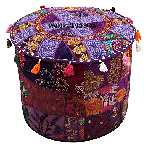 Indian Round Patchwork Embroidered Ottoman Pouf Bohemian Indian Decorative Patchwork Ottoman Pouf, Handmade Ottomen,Cotton Chair Cover,Home Living Room Vintage Pouf Size 14 X 22 X 22 Inches Cushion,