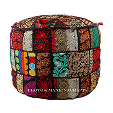Load image into Gallery viewer, Maniona Crafts Indian Patchwork Pouf Cover Indian Living Room Pouf, Decorative Ottoman,Embroidered Designer Ottoman, Home Living Footstool Chair Cover, Bohemian Ottoman Pouf Decor 14x22 Inch.
