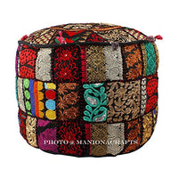 Maniona Crafts Indian Patchwork Pouf Cover Indian Living Room Pouf, Decorative Ottoman,Embroidered Designer Ottoman, Home Living Footstool Chair Cover, Bohemian Ottoman Pouf Decor 14x22 Inch.