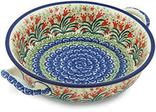 Load image into Gallery viewer, Polish Pottery Baker - Round with Handles - Medium - Crimson Bells
