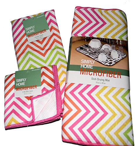 Simply Home Colorful Zigzag Design Kitchen Linen 4 Piece Gift Set Microfiber Drying Mat, Towel & Dish Clothes