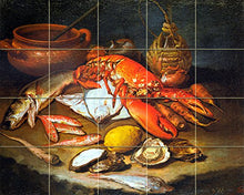 Load image into Gallery viewer, FlekmanArt Lobster, Fish, &amp; Shellfish by Giacomo Ceruti - 5x4 Art Mural, Kitchen Shower Bath Backsplash (20&quot; w X 16&quot; h - 4x4 Tumbled Marble Tile w/Satin Matte Finish)
