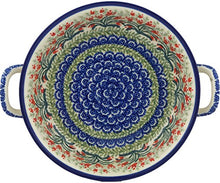 Load image into Gallery viewer, Polish Pottery Baker - Round with Handles - Medium - Crimson Bells

