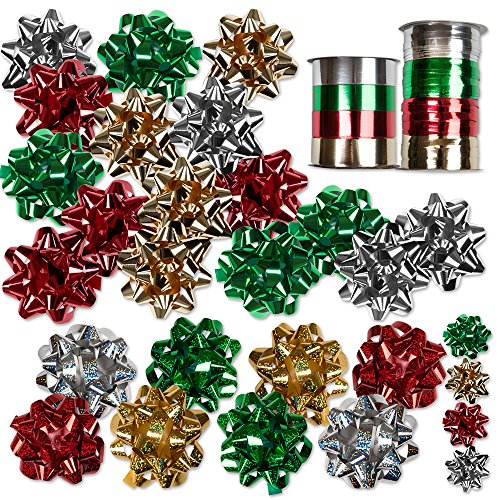 30 Christmas Self Adhesive Gift Bows and 8 Rolls of Christmas Curling Ribbons by Gift Boutique