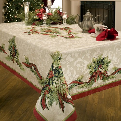 Benson Mills Christmas Ribbons Engineered Printed Fabric Tablecloth, 60-Inch-by-104 Inch