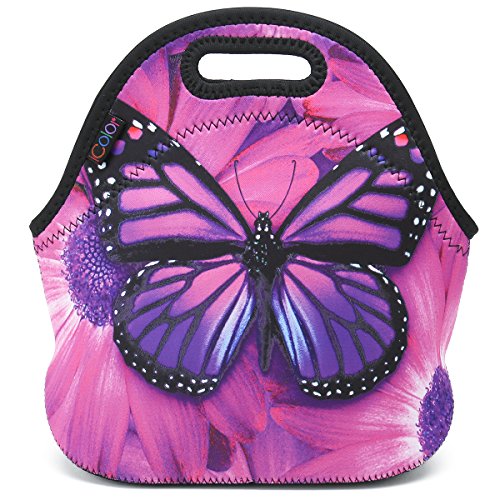 ICOLOR Purple Big Butterfly Insulated Neoprene Lunch Bag Tote Handbag lunchbox Food Container Gourmet Tote Cooler warm Pouch For School work Office