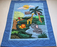 Hawaiian Quilt Baby Blanket/Wall Hanging, Hand Quilted and Machine Embroidered Safari/Zoo