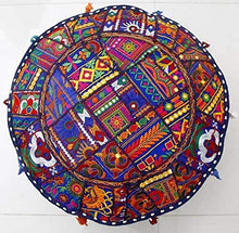 Load image into Gallery viewer, GANESHAM Indian Home Decor Hippie Patchwork Bean Bag Boho Bohemian Hand Embroidered Ethnic Handmade Pouf Ottoman Vintage Cotton Floor Pillow &amp; Cushion (13&quot; H x 18)&quot; Diam. (Navy Blue)
