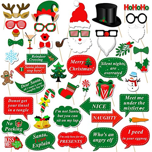 Christmas Photo Booth Props Kit(47Pcs), Konsait DIY Christmas Photo Booth with stick Funny Xmas Selfie Props Accessories for Adults Kids for Christmas Theme Party Favors Decorations Decor Supplies