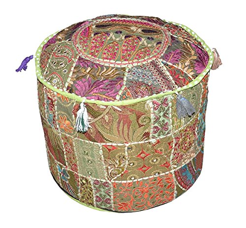 NANDNANDINI -Beautiful Christmas Decorative Indian Vintage Ottoman Embellished with Embroidery & Patchwork Foot Stool Floor Cushion Cover, Bohemian Ottoman, 18