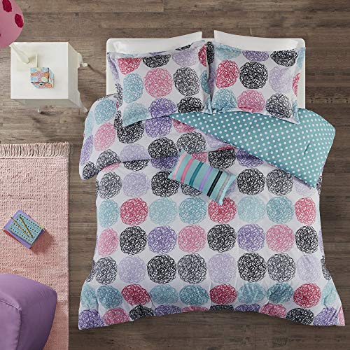 Mi Zone Carly Comforter Set Full/Queen Size - Teal, Purple , Doodled Circles Polka Dots  4 Piece Bed Sets  Ultra Soft Microfiber Teen Bedding For Girls Bedroom